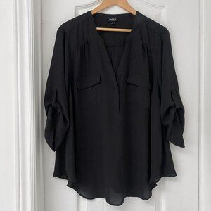 Torrid Harper Black Chiffon Blouse • Size 2 (2X) • Flowy V-Neck Roll Tab Sleeve